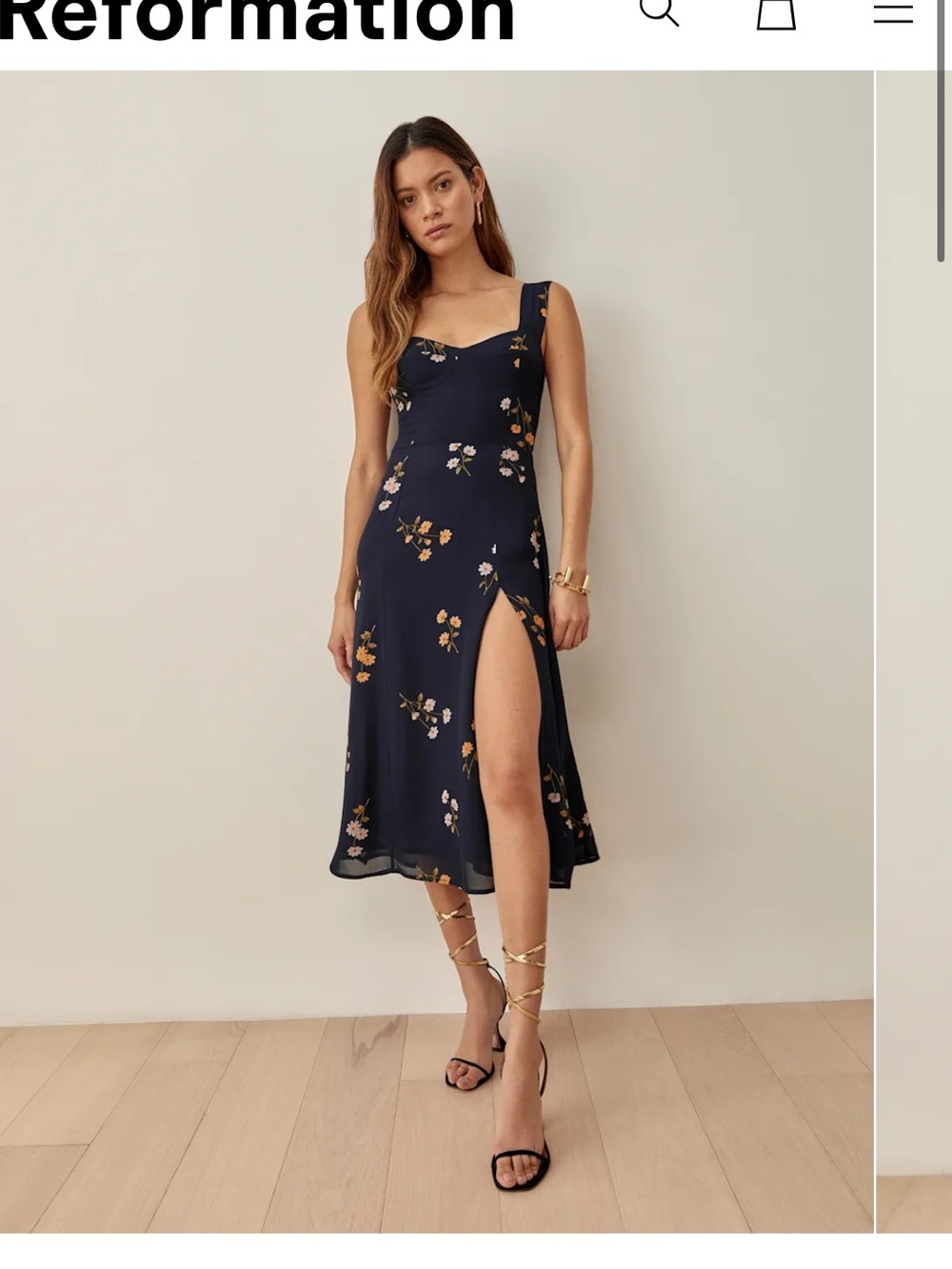Reformation Navy Floral Midi Dress with High Side Slit